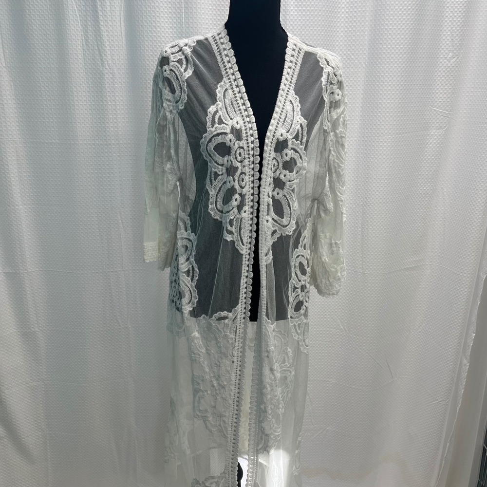 Rachel Zoe White Floral Lace Mesh Duster Kimono Open Front One Size Boho